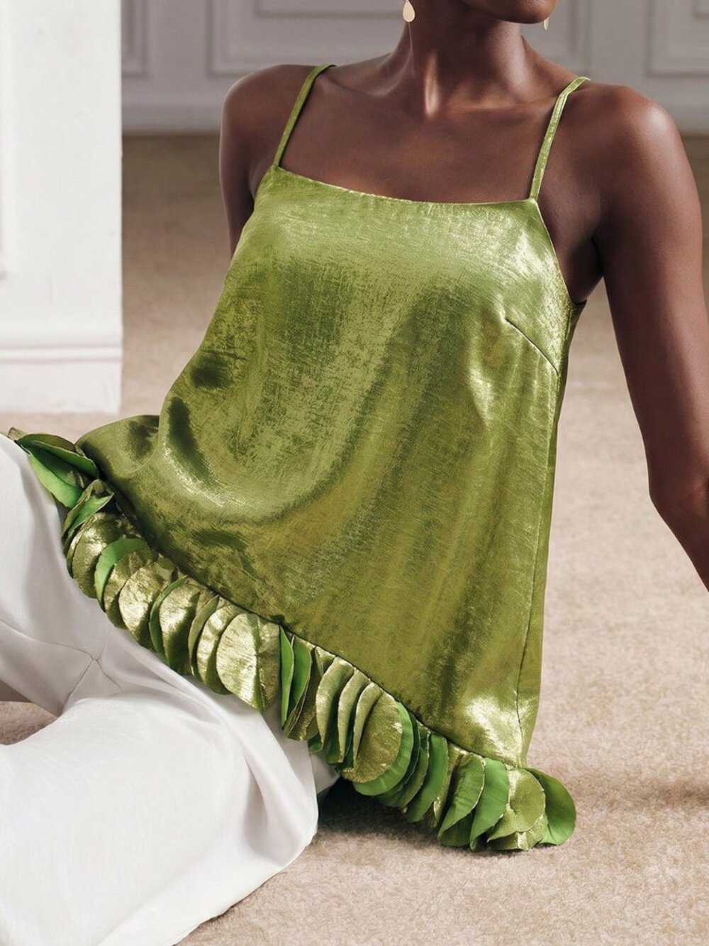 Green Party Women's A-Line Square Neck Double Ruffle Patchwork Camisole Top